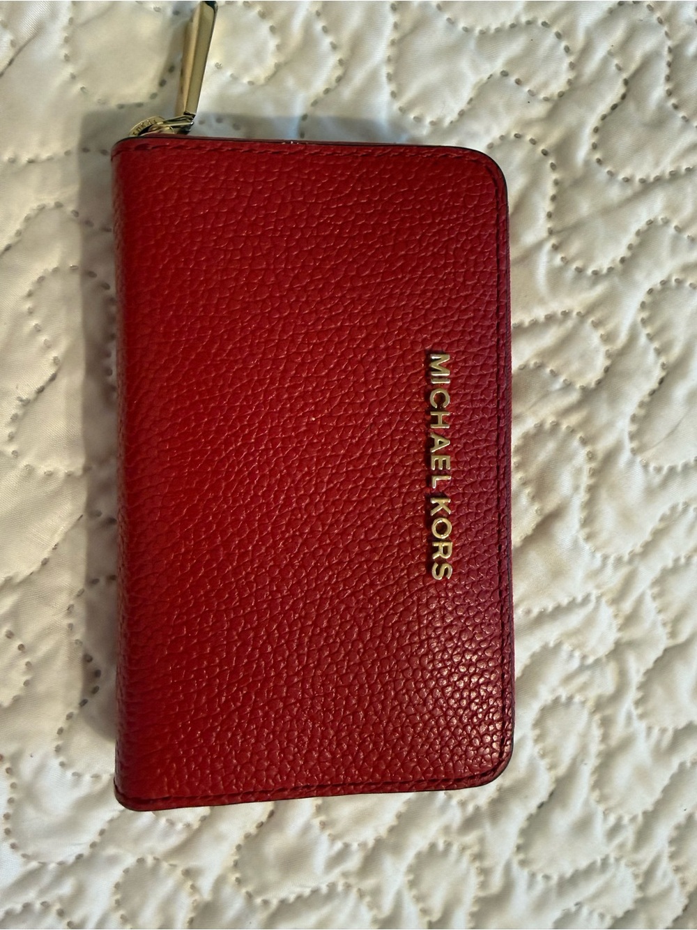Michael Kors Pebbled Red Zip Wallet with Gold Logo